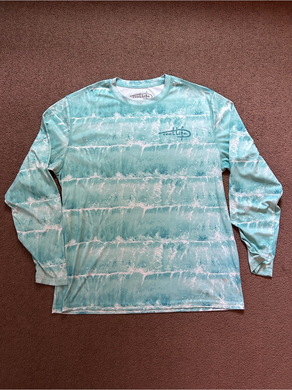 Men’s Reel Life Fishing Shirt Sz Large Teal&White Print Long Sleeved